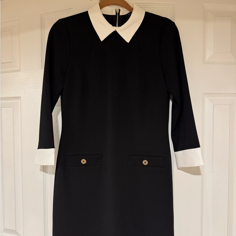 Tommy Hilfiger black with white collar and white trim sleeve, crepe fabric